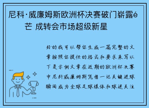 尼科·威廉姆斯欧洲杯决赛破门崭露锋芒 成转会市场超级新星
